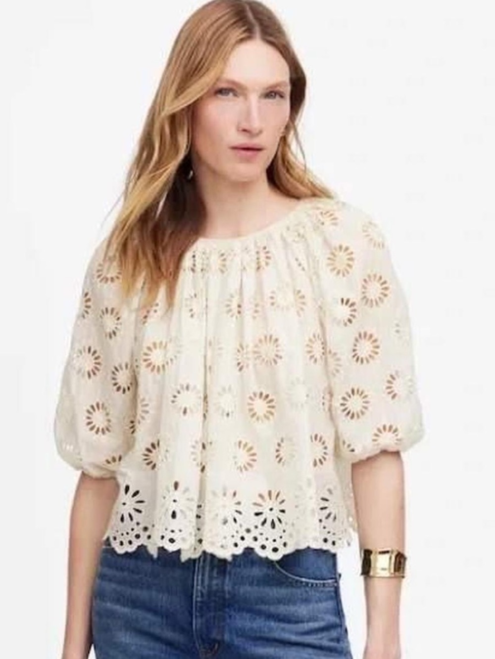 NWT! Industry White Eyelet Embroidered Shirred Puff-Sleeve Top - Size XS